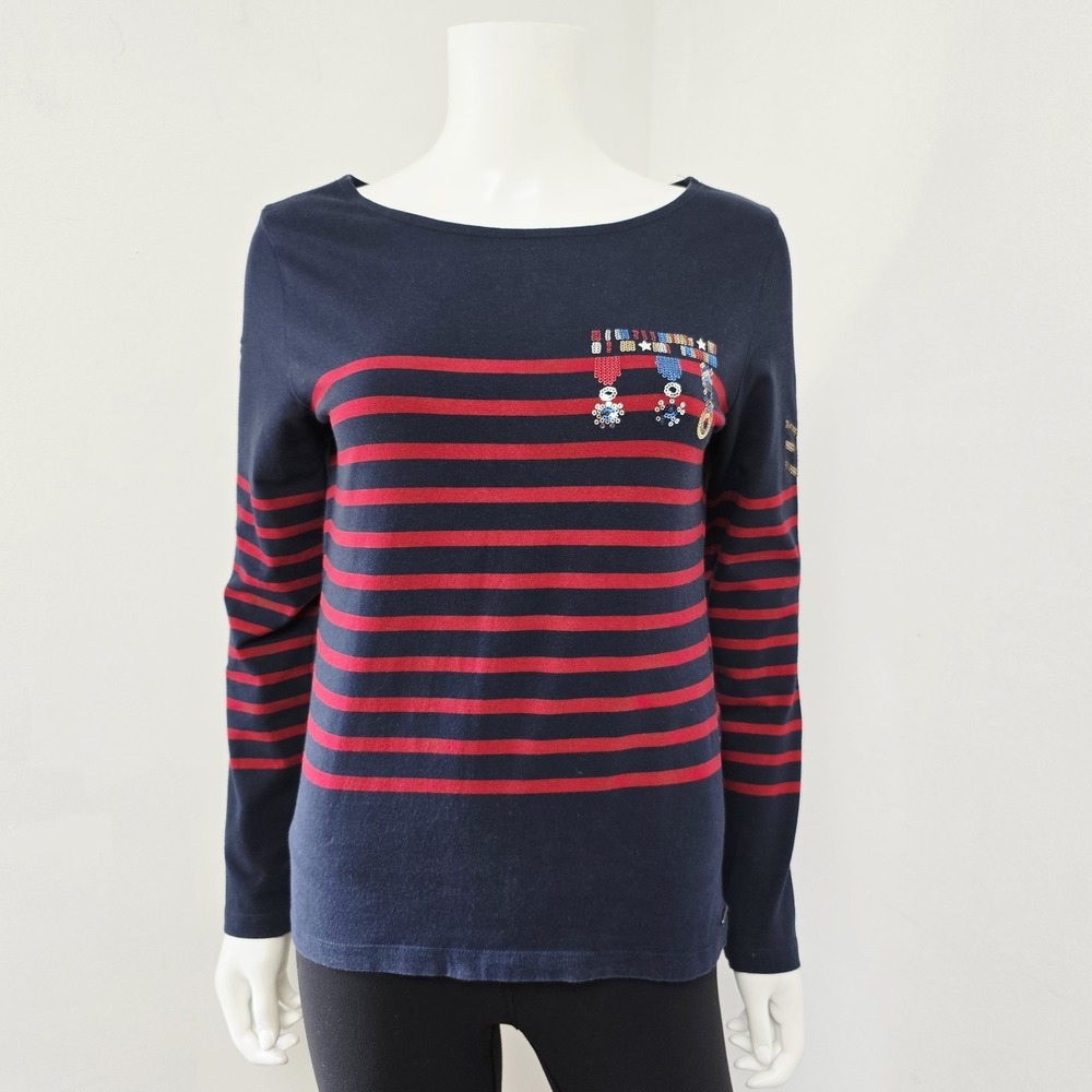 Saint James Mademoiselle Top Shirt Size 8 Womens Stripe Sequins Mariner Navy Red